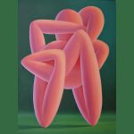 Painting of a pink surrealistic figure with green background