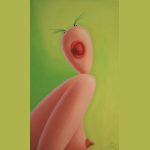 Painting of a surrealistic figure sticking the tongue out