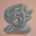 Painting of grey surrealistic figures wrestling